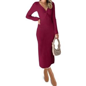 RAISECOM Womens Ribbed Knit Maxi Dresses Long Sleeve V Neck Casual Sweater Dress Bodycon Midi Dress Size Unknown