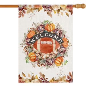 4 x Fall Garden Yard Flag 28 x 40 Inch Outside Double Sided Burlap Pumpkin Rugby Maple Leaf Welcome Flag Farmhouse Holiday Patio Lawn House Outdoor Decorations (Multicolor)