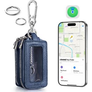 Universal Car Key Fob Key Finder Built-in Anti-Loss Tracker, Premium PU Leather Car Key fob Holder, Keychain Key Fob Cover with Double Layer, Transparent Window, Hook, More Key Rings (Navy Blue)