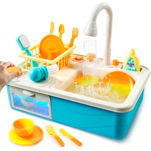 Color Changing Play Sink with Running Water, Kids Sink Toy with Electric Dishwasher, Chopping Sounds and Automatic Water Cycle System, Pretend Play Kitchen Sink for Toddler Birthday Gift for Christmas (Blue)