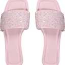 GORGLITTER Women's Sparkly Rhinestone Flat Sandals Dressy Cute Boho Trendy Square Toe Wedding Summer Slides Shoes Pink Size 9.5