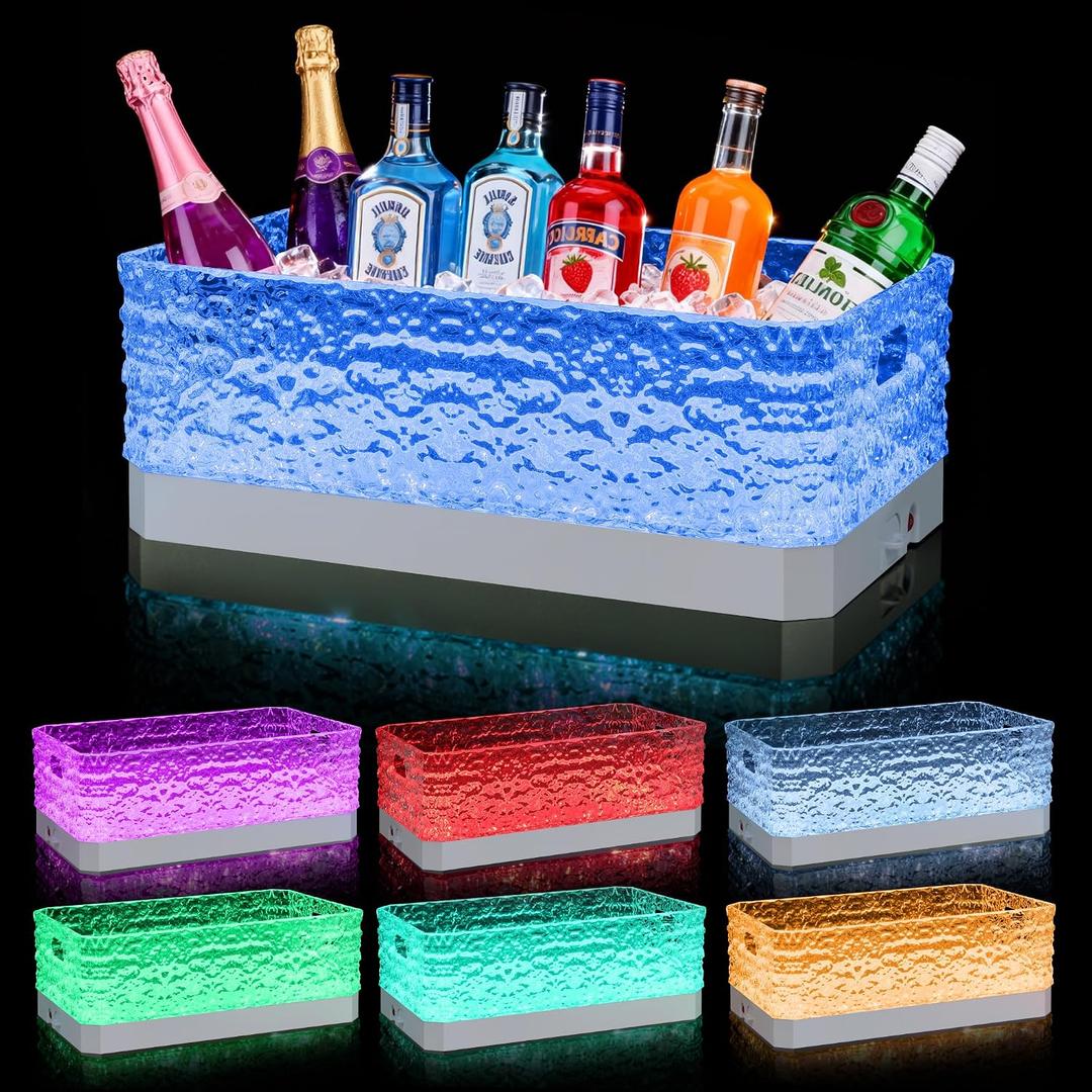 15L LED Ice Bucket for Parties, Rechargeable 7-Color Light Up Beverage Tub, Clear Acrylic Glacier Texture Wine Cooler, Leakproof Drink Chiller for Home Bar & Entertaining