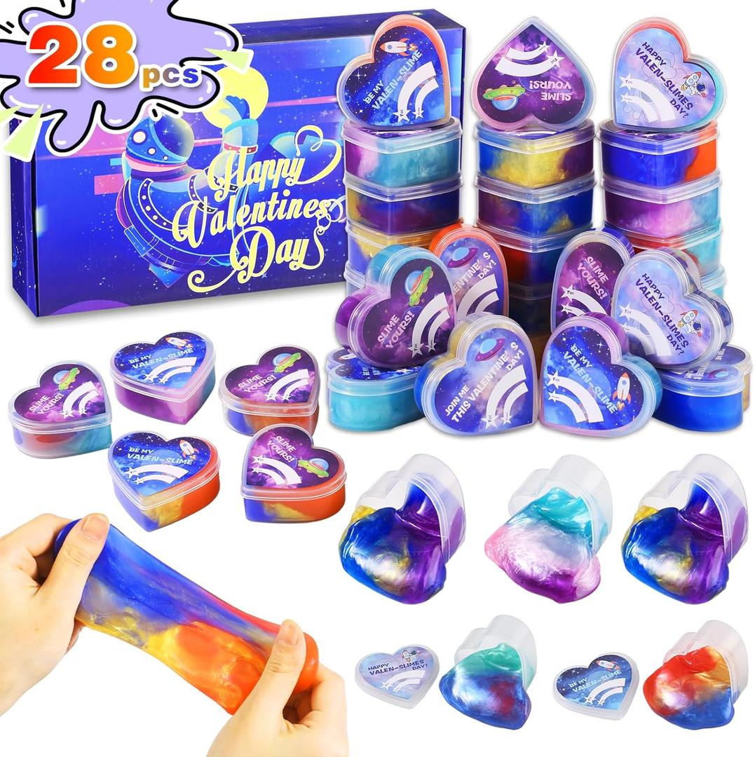 Valentines Day Gifts for Kids, 28 PCS Galaxy Slime with Greeting Cards, Classroom Exchange Party Favors for School Prize Rewards, Pack of 2