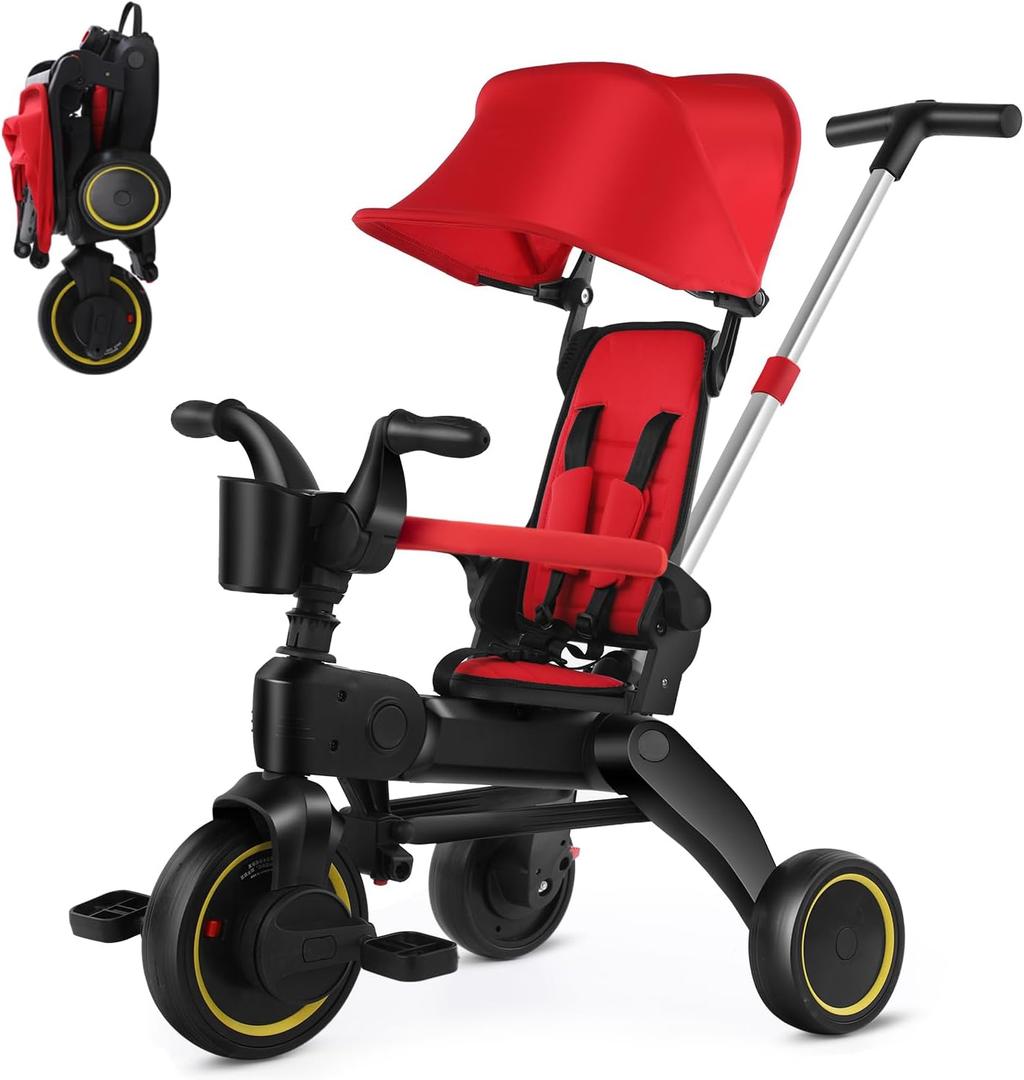 Baby Tricycle,5 in 1 Compact Folding Toddler Bike w/Removable Push Handle,Foldable Tricycle for 1-3 Year Old,Canopy,Safety Harness,Storage Hanging Bag,Tricycle for Toddlers Girls and Boys (Red)