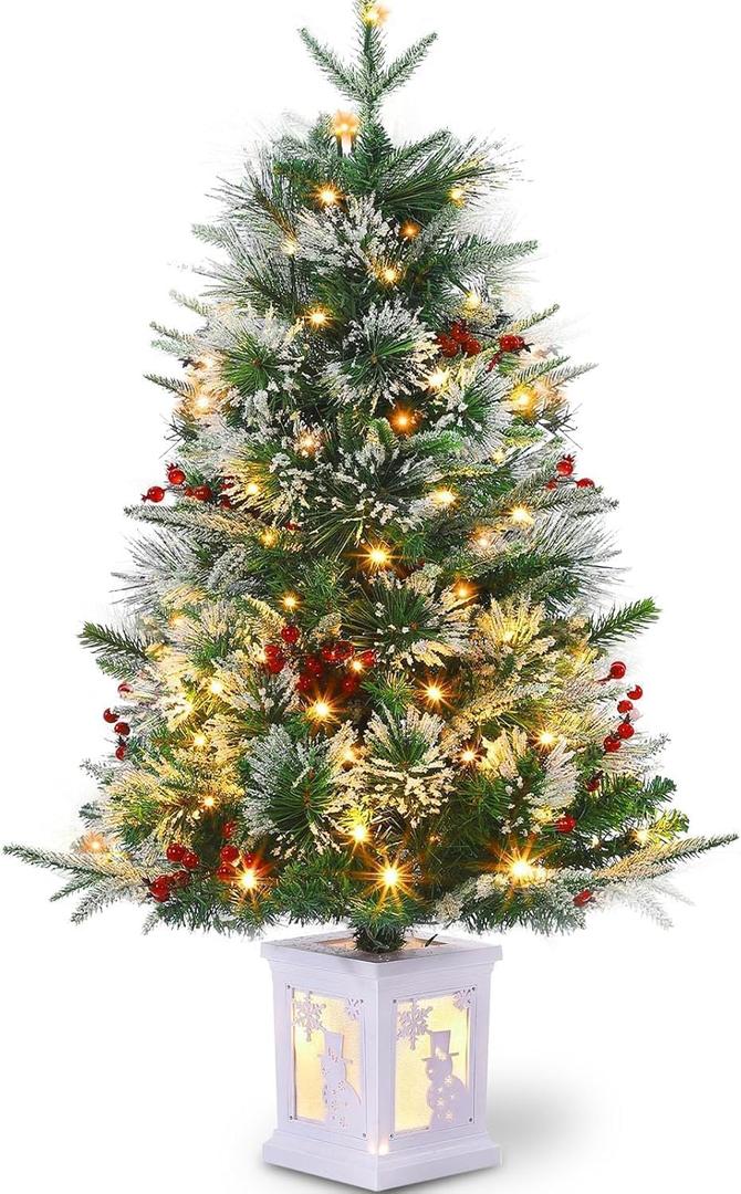 3 Ft Pre-Lit Christmas Tree, Artificial Christmas Trees with Lighting, Xmas Trees with 78 Led Lights, Christmas Decoration for Home, Office, Easy Assembly (Snowman Base-8 Modes-b)