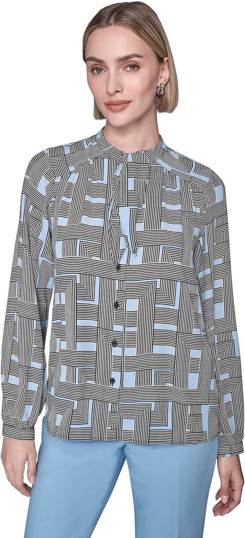 Karl Lagerfeld Women's Long Sleeve Soft Suiting Blouse (Glacier Blue Multi)