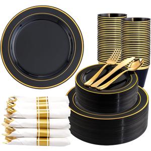 350 Pieces Black and Gold Plastic Plates with Disposable Silverware, Include 50 Dinner Plates 9, 50 Dessert Plates 6.3, 50 Black Cups 9 OZ, 50 Pre Rolled Napkins for new year (Black - Modern)