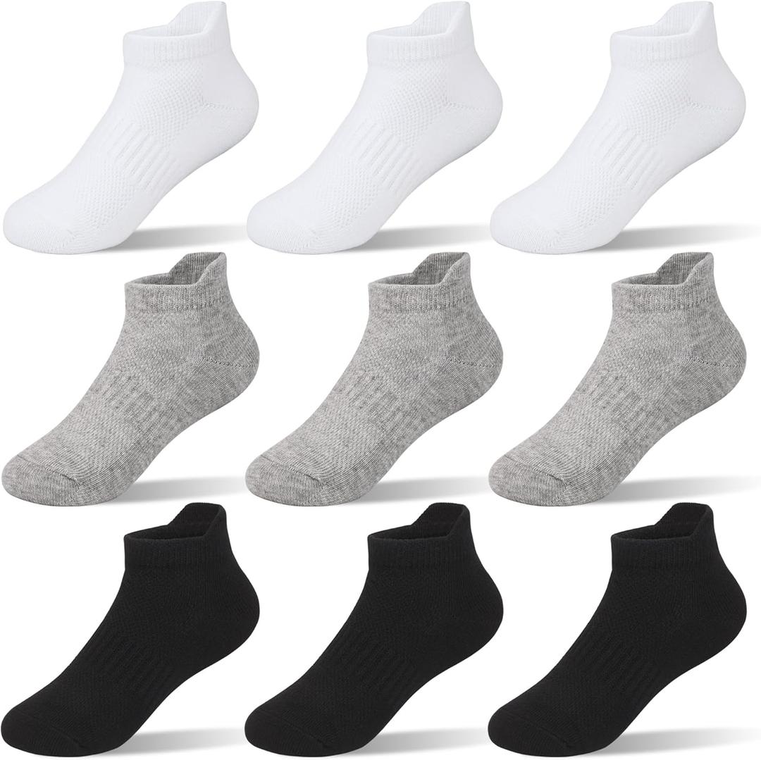 Boys Girls Ankle Socks: 9 Pairs Cotton Athletic Socks for Kids (6-8 Years, C02-black/White/Gray)