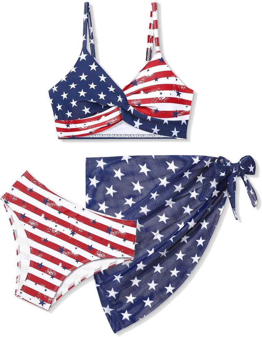Girls Swimsuit, Bathing Suits 3 Piece Tropical Floral Twist Cross Bikini Sets Girls' Swimwear with Cover Up Skirt 7-16T (9-10, Red + White + Blue-2)