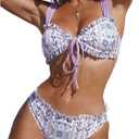 SweatyRocks Women's 2 Piece Swimsuits Frill Trim Tie Front Bathing Suit Wide Straps Floral Bikini Sets (Purple, L)