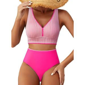 High Waisted Bikini Sets for Women - Textured Whip Stitch 2 Piece Swimsuit Bestselling Summer Beach Bathing Suit (S)