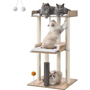 FourFurPets 43.7" Cat Tree, Modern Cat Tree Tower, Cat Tower for Indoor Cats Large Adult, Cat Condo with Scratching Post, Large Perch and Removable Pads, Greige (Gray)