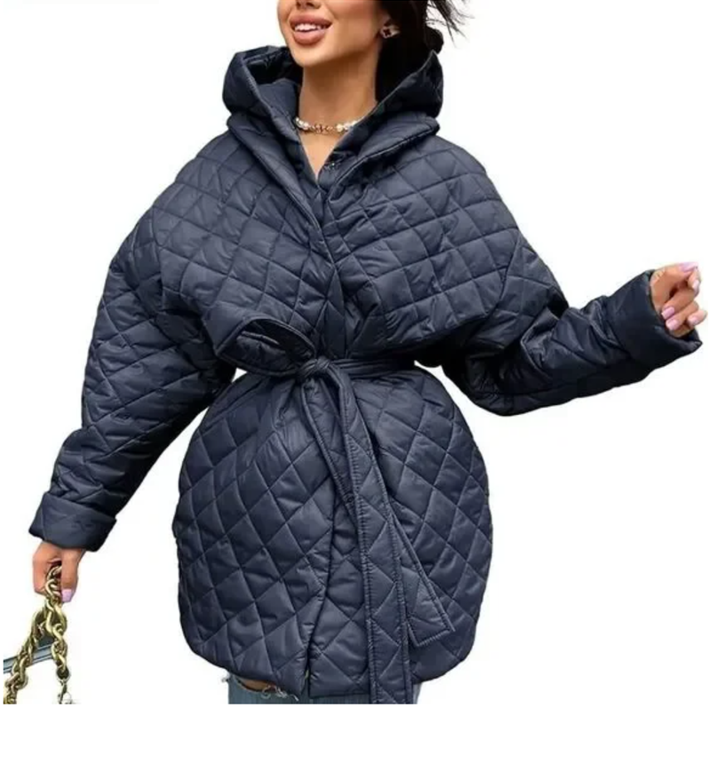 BTFBM Women Button Down Quilted Jacket Coat 2023 Fall Winter Fashion Belt Pockets Removable Padded Hood Puffer Outerwear S Navy