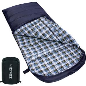 Cold Weather Sleeping Bag 100% Cotton Flannel XXL for Adults Big and Tall,Free Compression Sack (90" x 39" Left Zip, 0F Navy Blue)