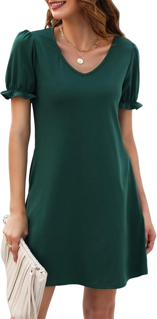 Halife Womens Summer Dresses Casual Puff Short Sleeve V-Neck T Shirt Dress with Pockets, XL