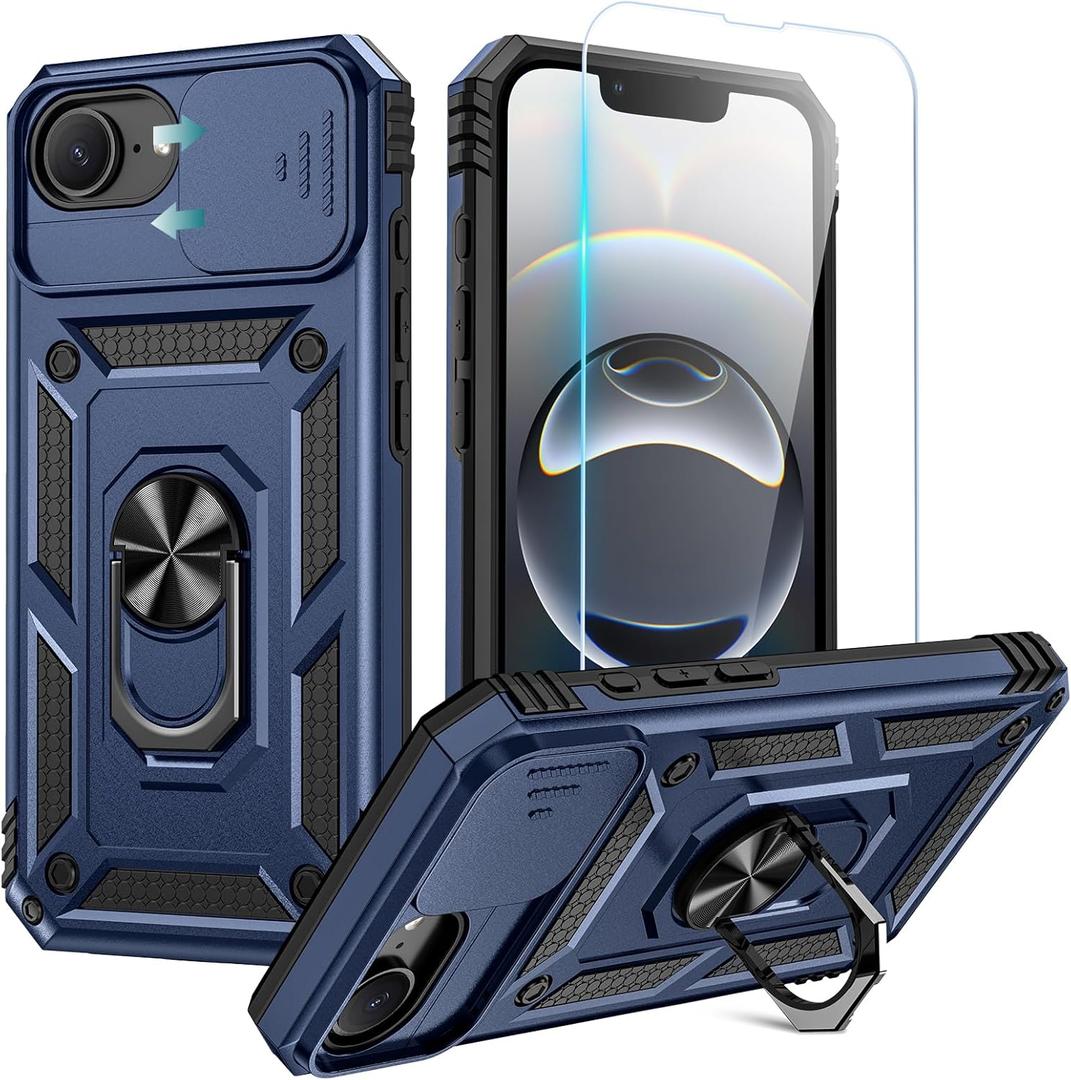 Compatible for iPhone 17e/16e Case with Screen Protector - Slide Camera Cover Protective Phone Case with Ring Stand, Heavy Duty Shockproof Rugged Bumper for iPhone 17 e Accessories Blue