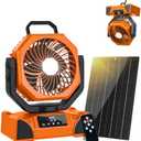 20000mAh Solar Camping Fan, Portable Rechargeable Battery & Solar Powered Fan with 7W Solar Panel, Remote Control, Auto Oscillating, LED Display, Light, Timer for Outdoor Camp, Beach, Travel Tent