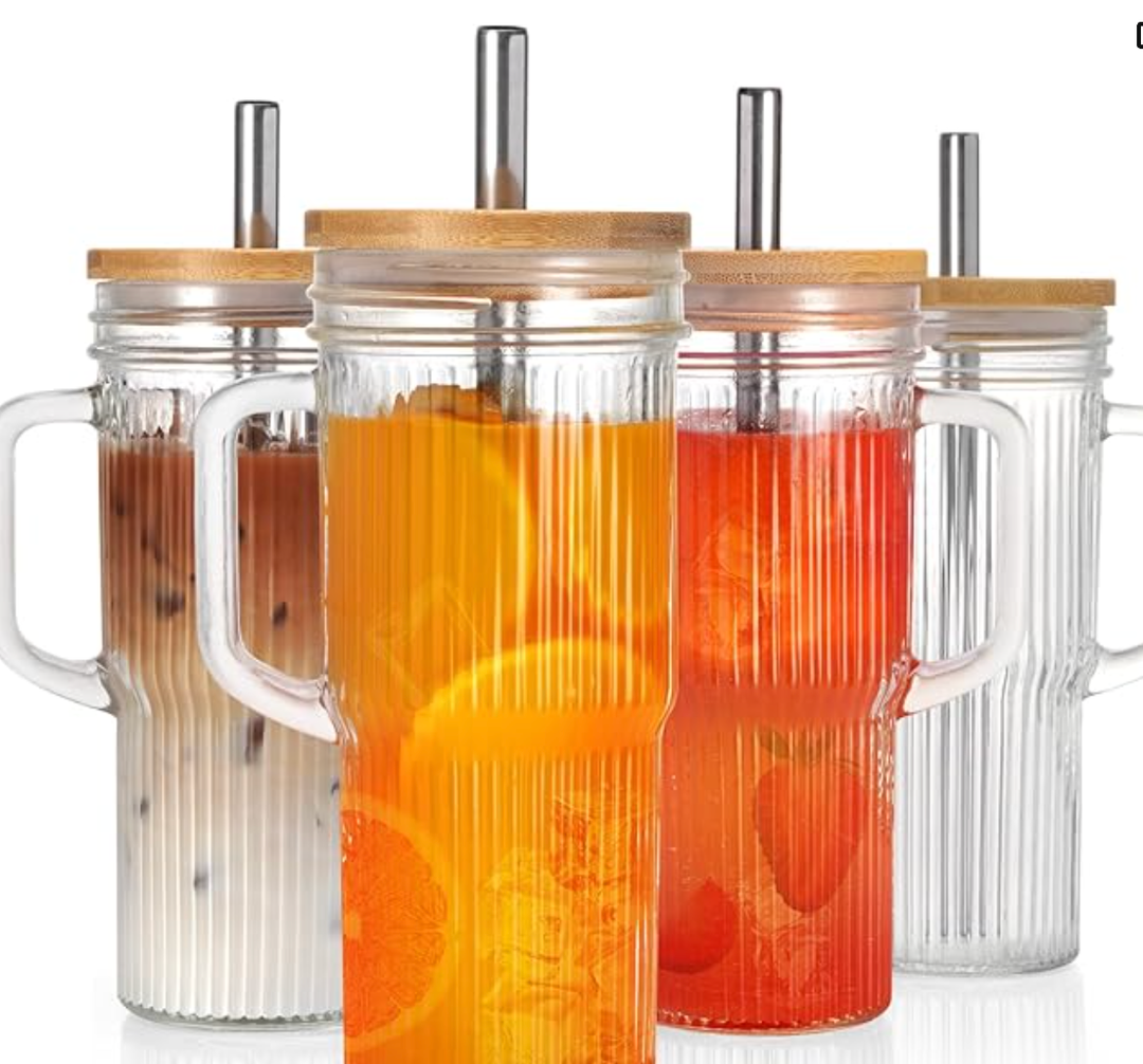 LUXULISH 24Oz Ribbed Glass Tumblers with Lids and Straws, Glass Tumbler with Handle, Vintage Glass Cups Thick Drinking Glasses Set of 4, Ideal for Iced Coffee, Smoothies, Cocktails, Tea and Juices