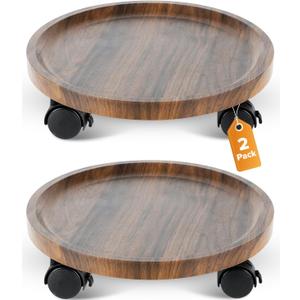 2 Pack Plant Caddy with Wheels, 12" Wood Rolling Plant Stand with 360 Lockable Wheels, Plant Stands Outdoor for Large Plants, Flower Cart Plant Dolly Plant Caster for Heavy Objects, Walnut