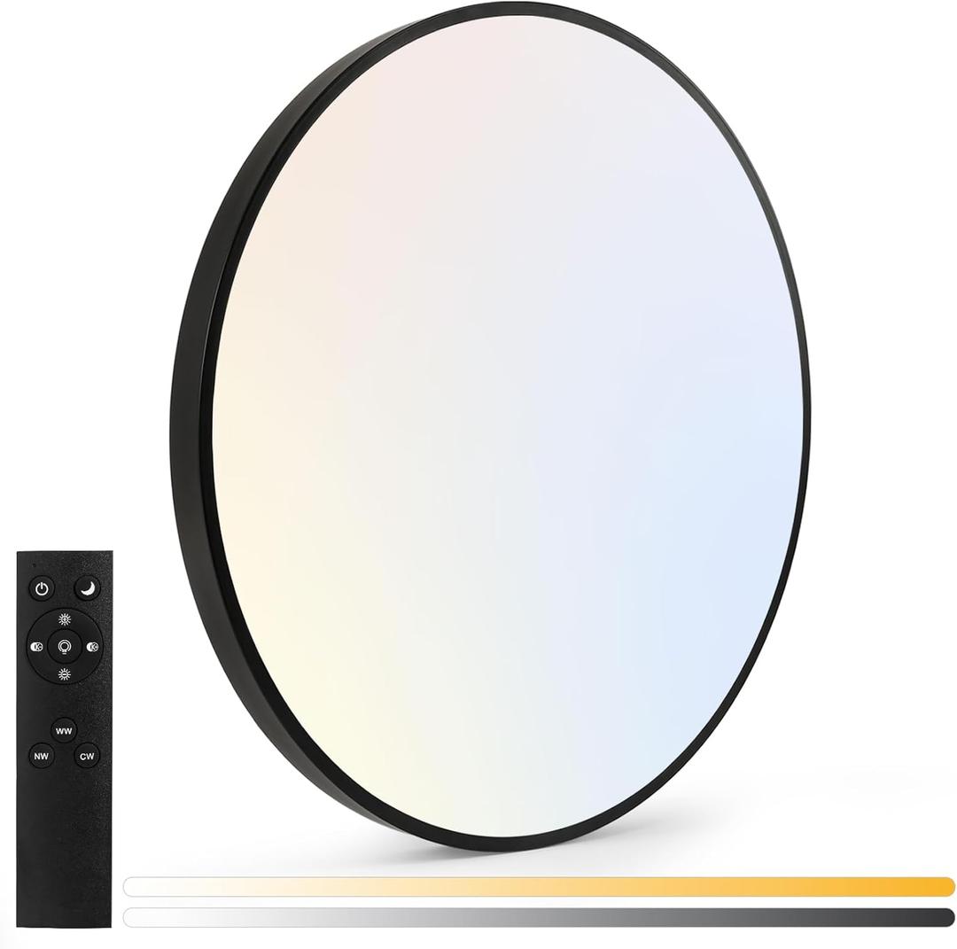 16 Inch Flush Mount Ceiling Light Fixture, Dimmable with Remote, 3000K-6500K Adjustable Color, 30W 3000Lm Ultra Thin Modern Round LED Ceiling Light, Black for Bedroom, Kitchen, Living Room