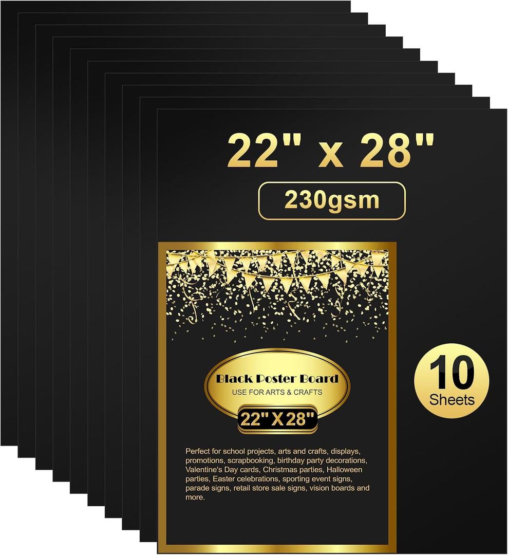 10 Pcs Black Poster Board 22" x 28" Paper Bulk, ROOKEA 250 GSM Vision Poster Boards for School Arts Craft Projects Presentations Drawing Scrapbooking Blank Graphic Display