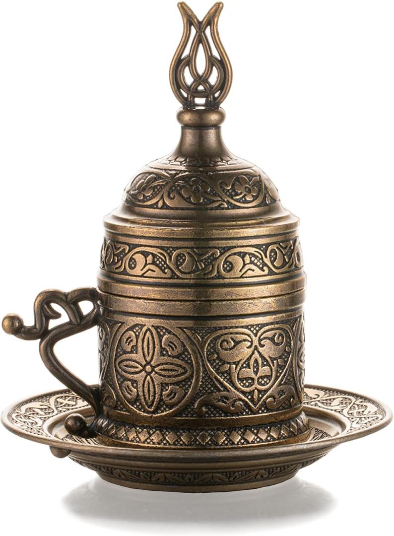 Moroccan Style 2 Oz Metal Porcelain Espresso Cups, Turkish Greek Arabic Coffee Cups with Lid and Saucer, Small Demitasse for Double Shot, Latte, Cafe Mocha, Tea, Gifts for Men Women (Antique Brass)