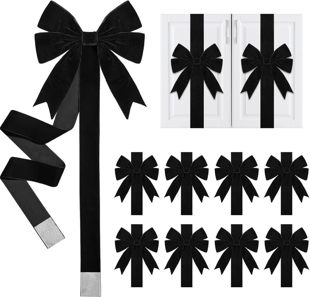 8 Pcs Christmas Velvet Cabinet Door Bows and Ribbons Large Black Velvet Bows for Christmas Cabinet Door Xmas Bows and Ribbon for Kitchen Furniture Winter Holiday Home Party Decoration Gifts