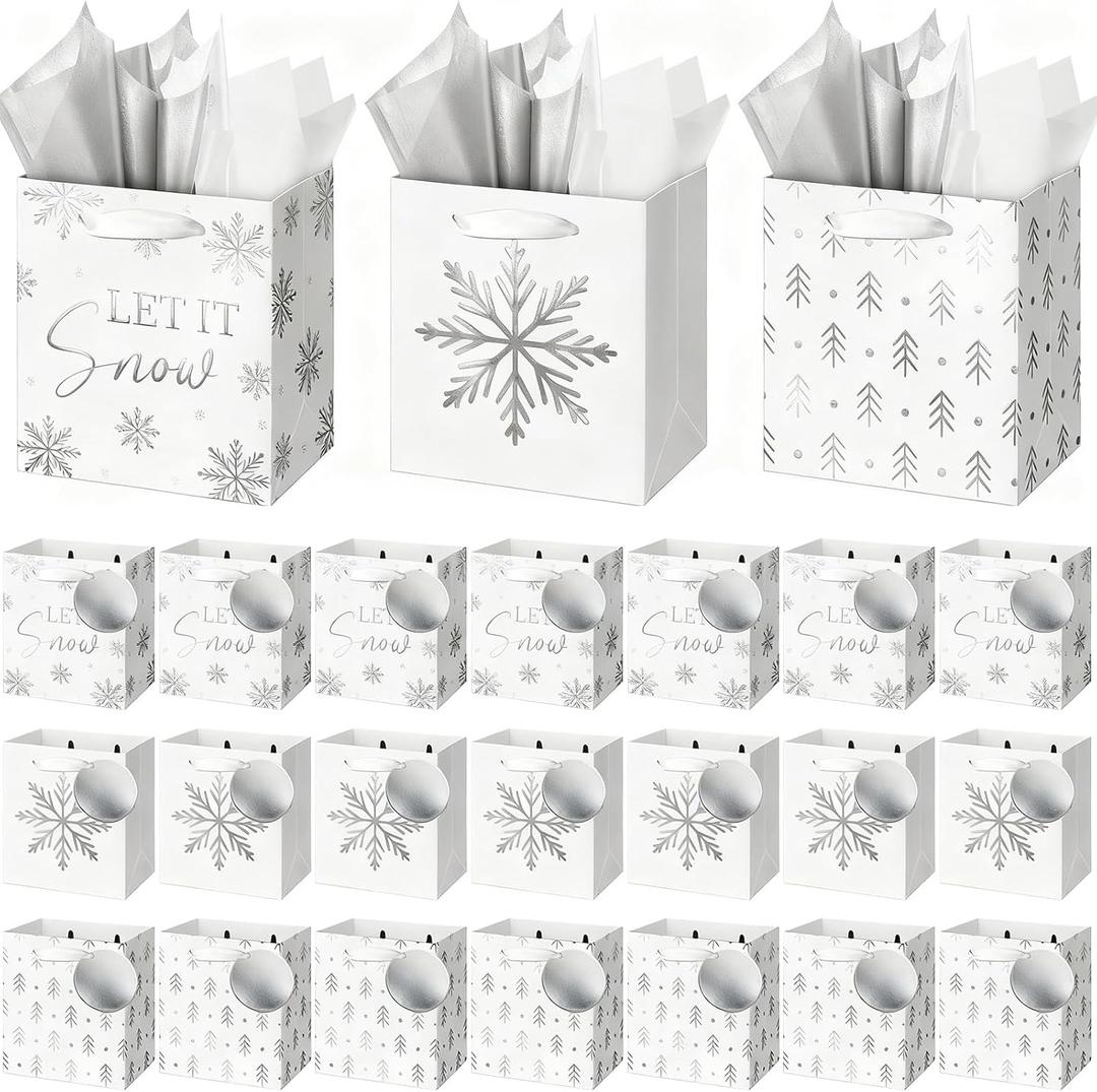 Aliceset 24 Pack Mini Sliver Foil Christmas Gift Bags with Handles Extra Small Luxury Christmas Gift Bags with Tag Tissue Paper Silver Assorted Styles 4.5x4x2.75'' for Holiday Presents Giving Retail