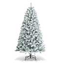 6 FT Snow Flocked Christmas Tree, Artificial Holiday Hinged Pine Tree with 600 Branch Tips, Solid Metal Stand, Premium Xmas Full Fake Tree for Home, Office, Party Decoration