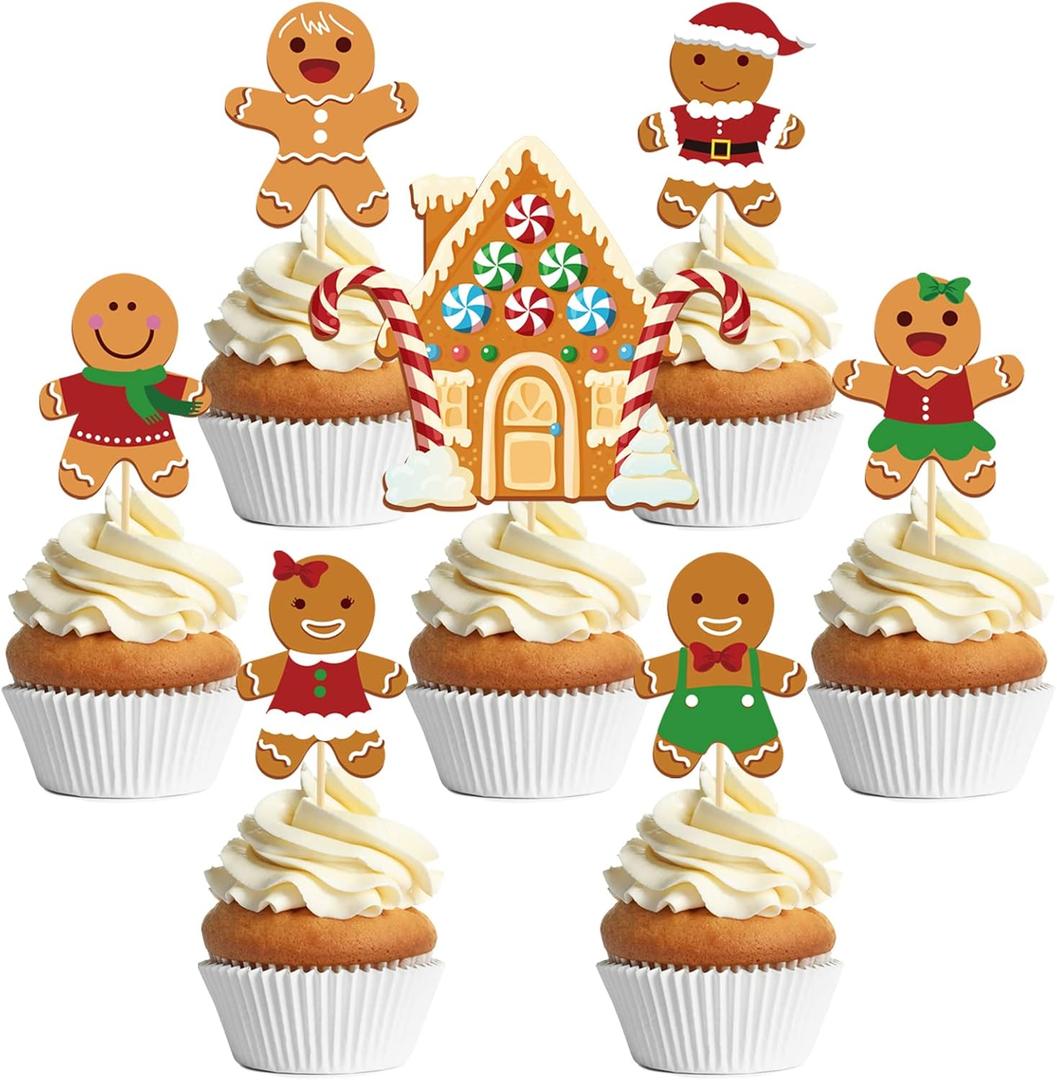 AnyDesign 48Pcs Christmas Cupcake Toppers with Sticks and Glue Point 7 Design Gingerbread Man Cupcake Toppers Cute Xmas Food Picks for Christmas Birthday Party Supplies Dessert Decorations
