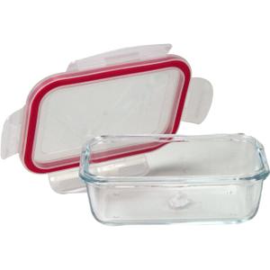 Borosilicate Microwave and Oven Safe Rectangular Glass Food Storage Container with Snap Locking Plastic Lid, Red Lining, 11 oz., Clear