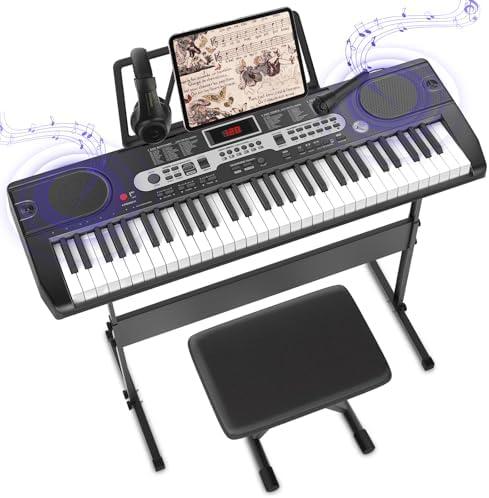 Fujampe Electric Keyboard Piano W/Lighted Keys, Keyboard Stand, Piano Bench, Microphone, Headphones, Note Stickers, Music Stand, Portable Electronic 61 Key Piano Keyboard for Beginners