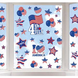 4 x 9 Sheets 4th of July Window Clings, Patriotic Independence Day Window Stickers Watercolor American Flag Stars Firework Reusable PVC Stickers for Glass Mirror Decoration Supplies
