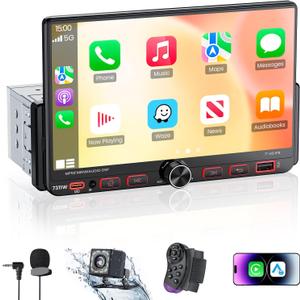7Single Din Radio with Apple CarPlay & Android Auto, UHD Single Din Touchscreen Car Radio, Car Stereo with 1080P Backup Camera, Mirror Link, Bluetooth 5.3, GPS, AM&FM, Fast Charging, EQ, SWC