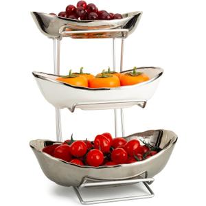 jessie 3 Tier Ceramic Fruit Bowls for Kitchen Counter with Metal Rack, Fruit Basket with Stand, Porcelain Bowls for Fruit Vegetable Bread Candy Snack Nuts (Silver and White Bowl-Silver Rack 3 Layer)