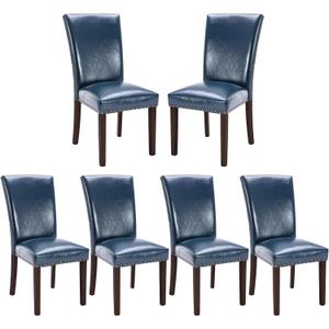 COLAMY Upholstered Parsons Dining Chairs Set of 6, PU Leather Dining Room Kitchen Side Chair with Nailhead Trim and Wood Legs - Blue