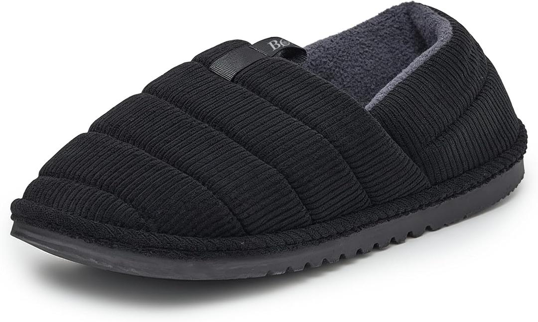 Quilted Corduroy House Slippers for Men, Indoor Mens Slippers with Rubber Soles, Slip On House Shoes (10-11, Black)