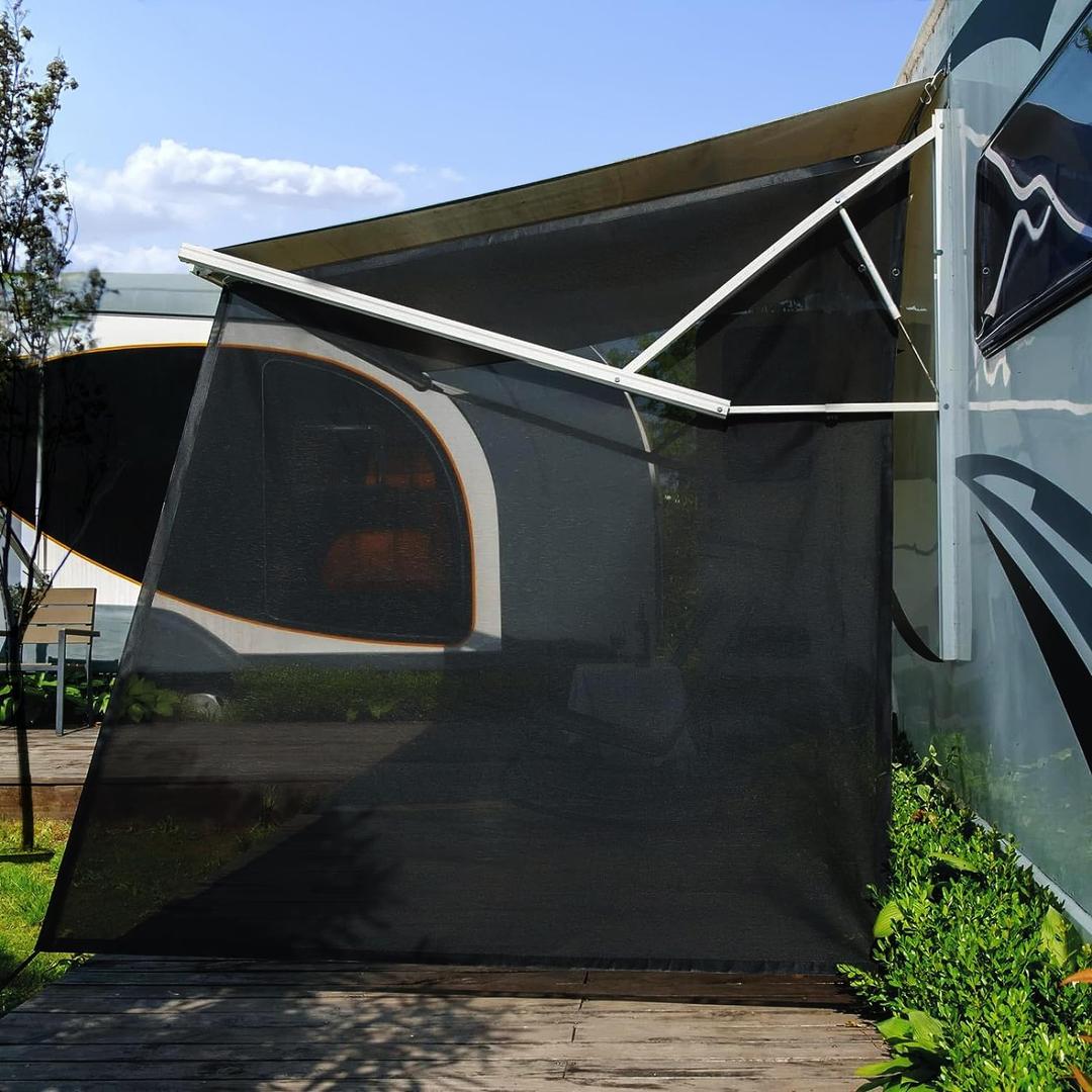 RV Awning Side Shade 9'X7',Black Mesh RV Awning Sun Shade Screen,Universal Trailer Sunshade Screen with Complete Kits,Improves Shadow and Privacy.