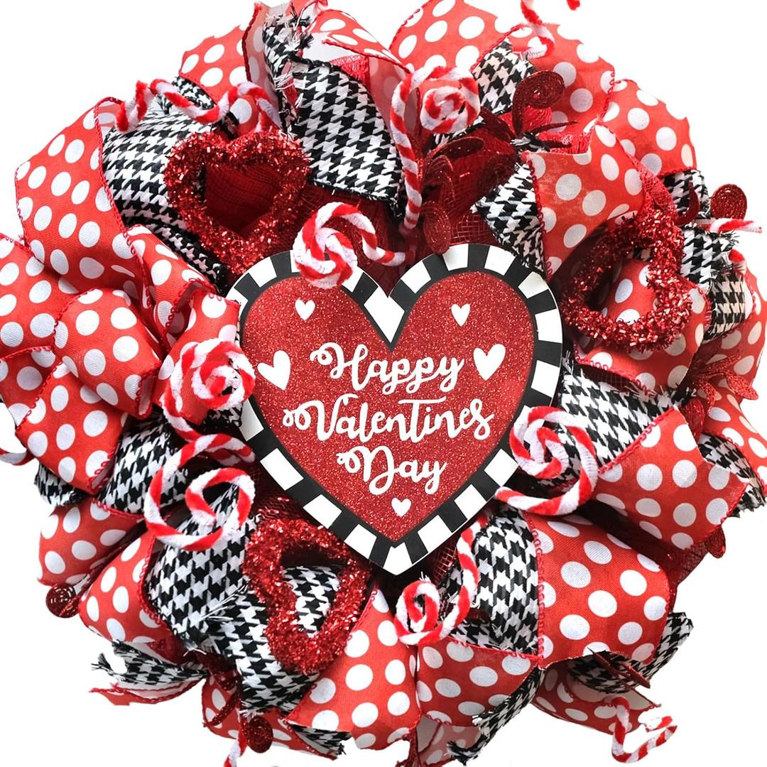TEMPUS Valentine's Day Wreath 18 Inch Red Mesh Heart Wreath with Wood Sign and Ribbon for Indoor and Outdoor Decoration