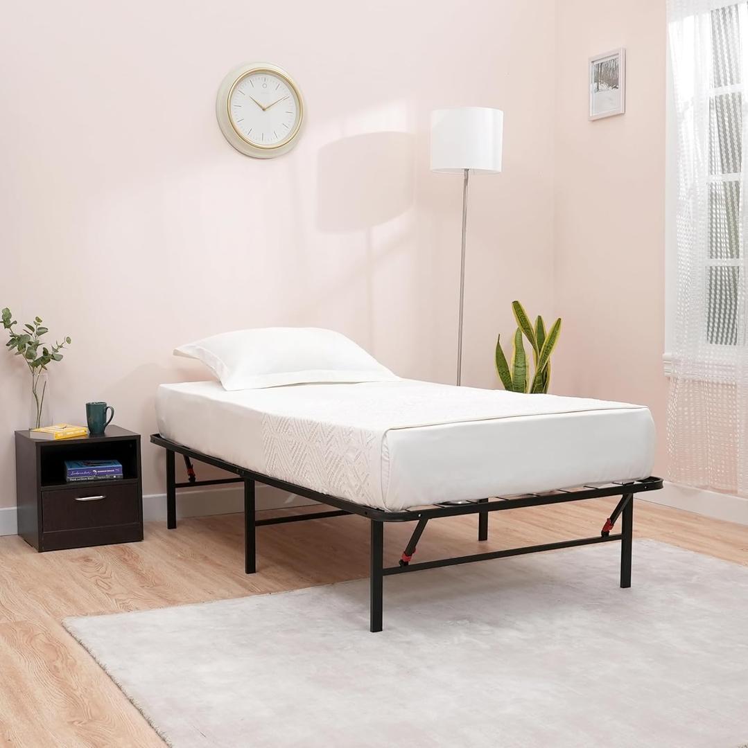 Amazon Basics Bed Frame with Storage, Foldable Metal Platform, Sturdy Steel, No Box Spring Needed, 14-inch High, Tool-Free Setup, Twin Size, Black