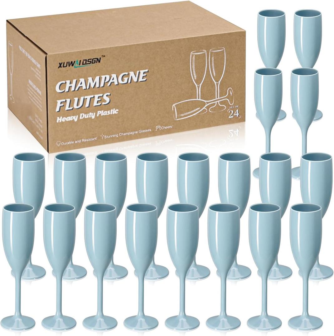 XUWAIDSGN Acrylic Champagne Flutes Toasting Glasses Unbreakable Mimosa Bar Reusable Wine Glasses Vintage Champagne Flutes Stemmed Drinking Cups 5.4 OZ for Christmas Birthday (24, Blue)