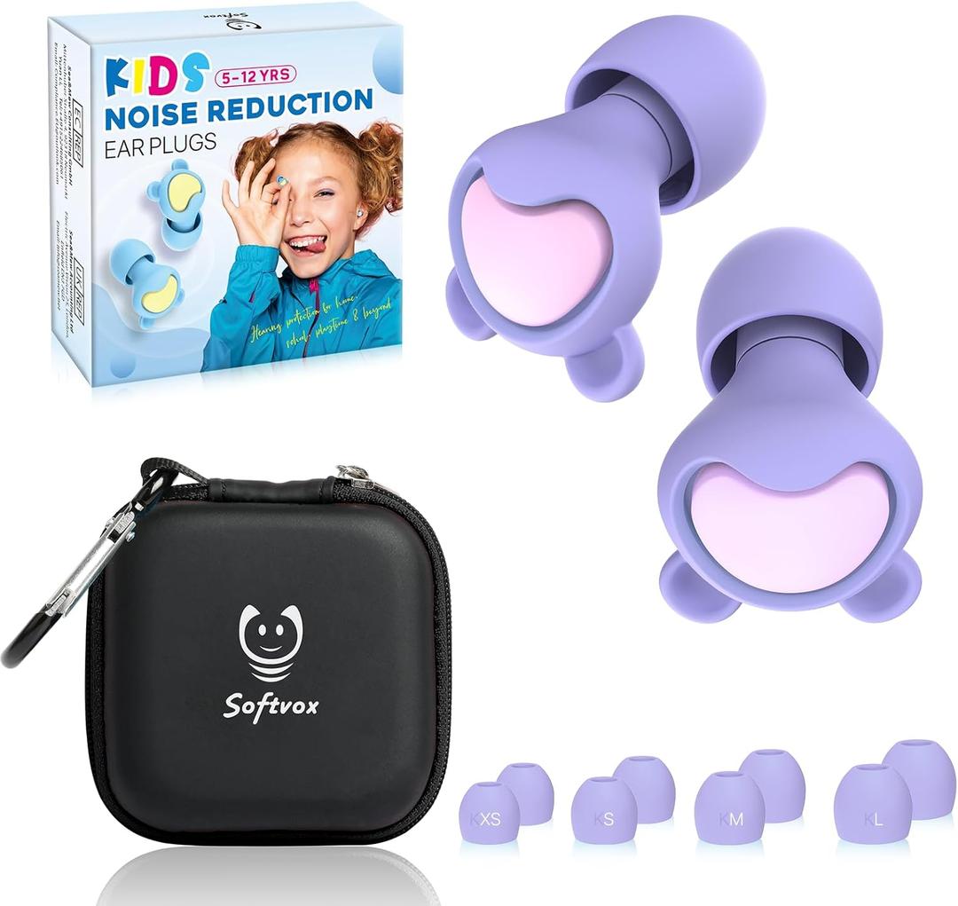 Ear Plugs for Kids (6-12 yrs) & Adults with Small Ear Canals - Noise Reduction Earplugs for Airplane, Focus, Travel, Concerts, Socializing Sports, Noise Sensitivity, 8 Tips in XS/S/M/L, 26 dB