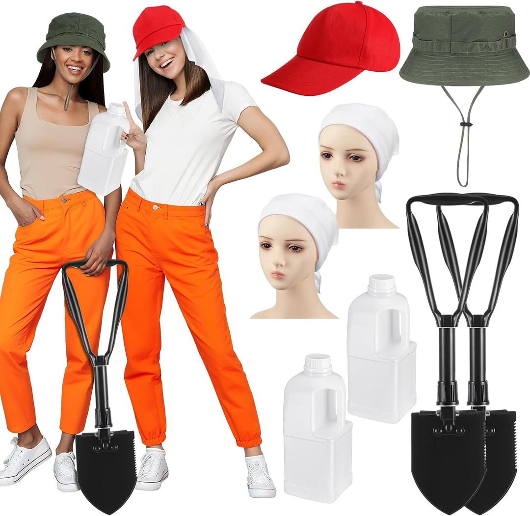 Lasnten 8 Pcs Halloween Couple Costume for Adults Prisoner Costume Accessories Include Shovel Hat Kettle Square Towel for Comedy Movie Cosplay Party Dress up