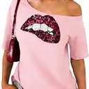 Women's Off Shoulder Tops Sequin Y2k Tops 2026 Spring Tshirts Skeleton Graphic Tees 80s 90s Outfits Going Out Clothes, Pink Small