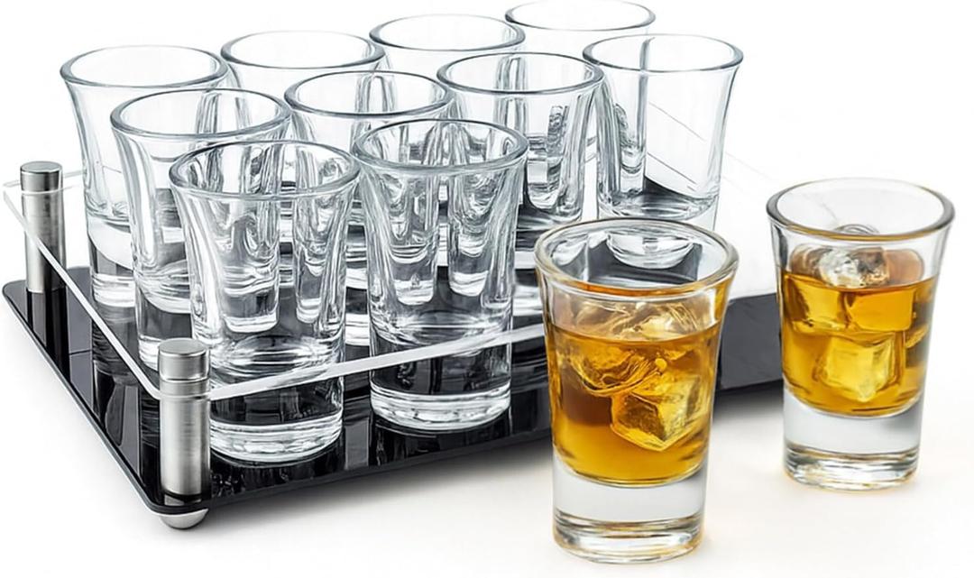Ruckae 12 Pack 1 OZ Shot Glasses Set with Tray Heavy Base Clear Shot Glasses Bulk for Vodka Tequila Whiskey Liquor