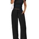 Trendy Queen 2 Piece Matching Summer Lounge Set Womens Side Ruching Top Wide Leg Pants Sets with Pockets S