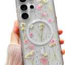 Real Flowers for Samsung Galaxy S25 Ultra Case Cute [Magnetic and Wireless Charging] Glitter Phone Cover with Pressed Dried Floral, Drop Protection Case for Women Girls - Clear 6.9"