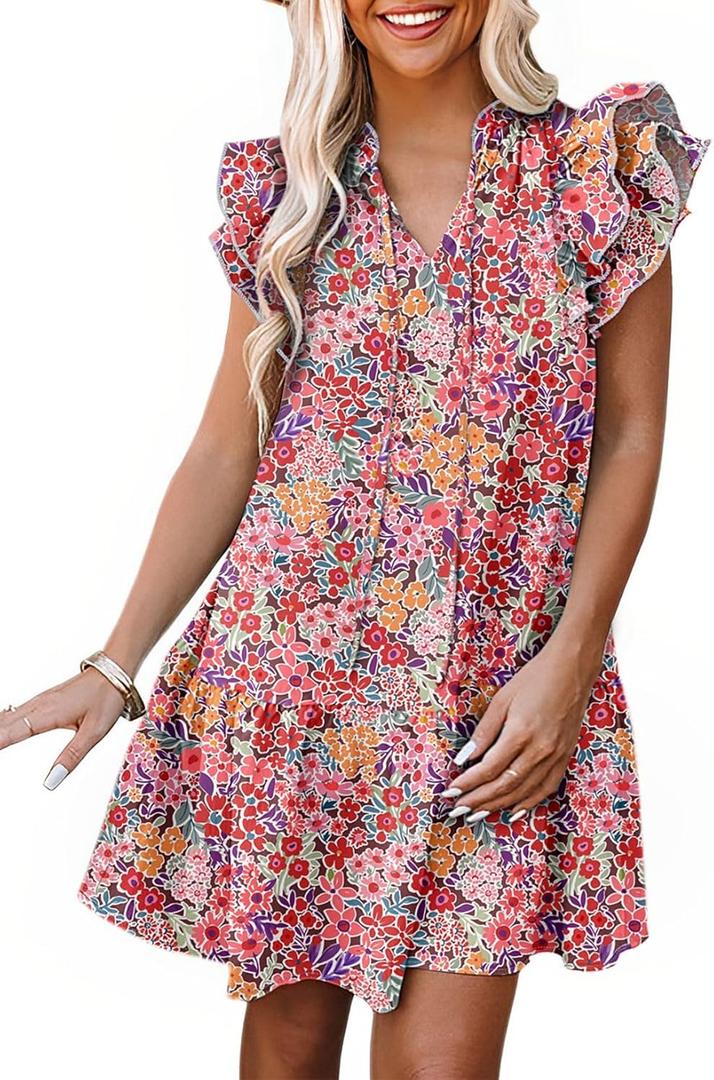 Dokotoo Womens Summer Dresses 2025 V-Neck Drawstring Ruffle Cap Short Sleeve Side Pockets Mini Dress Sundress (Medium, Multicolor)