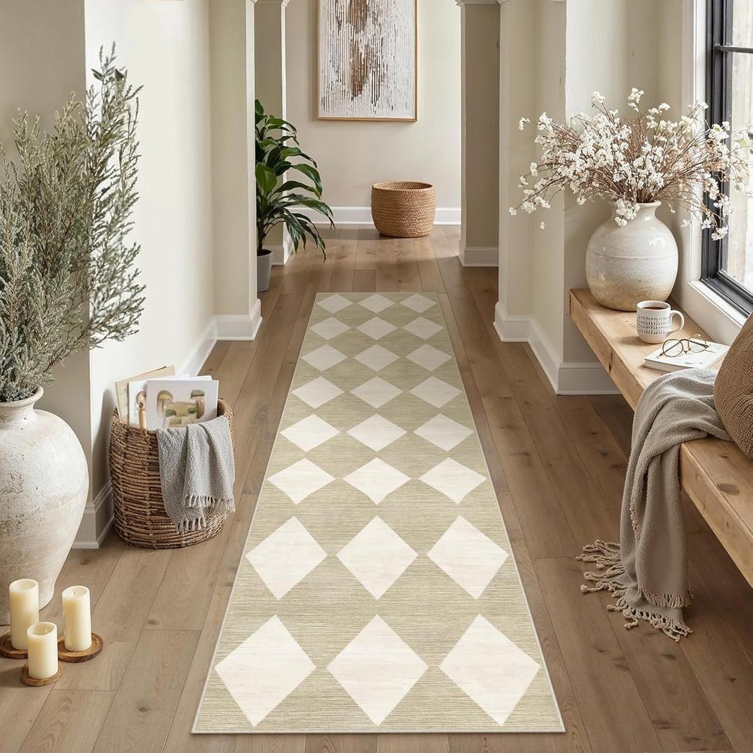PureCozy 2x8 Runner Checkered Rug for Hallways Beige Washable Long Carpet Non-Slip Low Pile Boho Indoor Accent Throw Rug for Entrance Kitchen Bedroom Dining Laundry