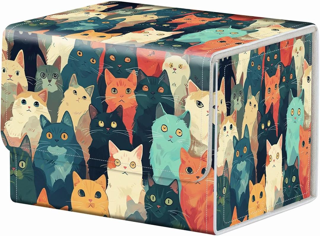 Strong Magnet Case Mtg Magic Deck Box Tcg Up to 200 Cards Creative Pattern Trading Card Storage Box for Collectible Card Games, Lots Of Cute Cats In Colors (1 pack)